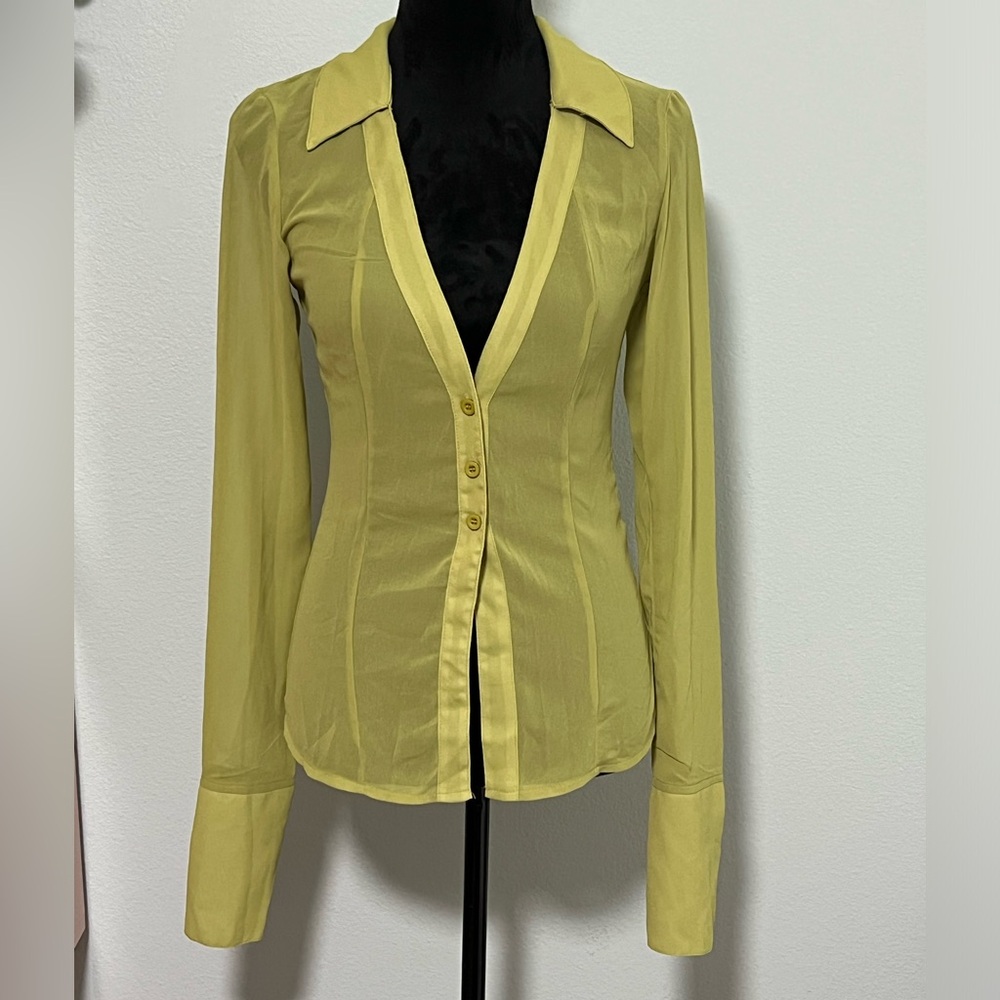 Pretty Little Thing Lime Green Long Sleeve Button-Up Blouse Sheer Mesh USA 2